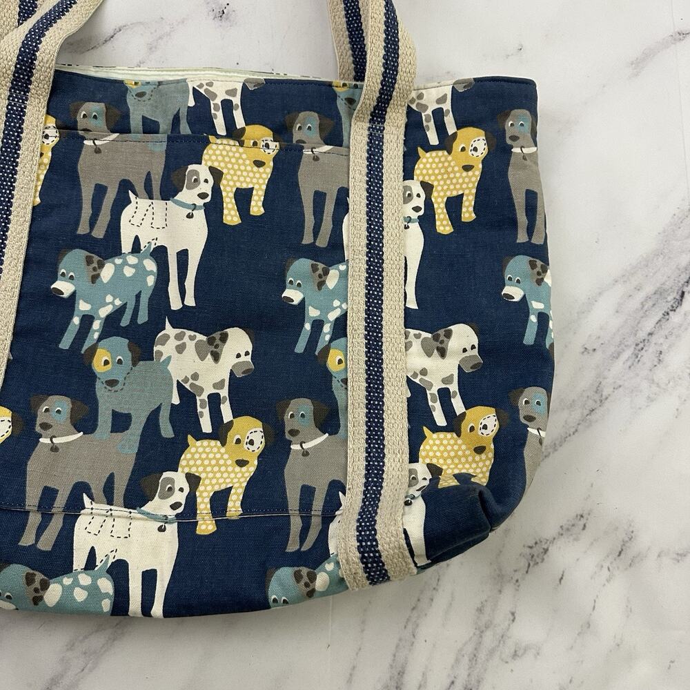 Turquoise Mountain Dog Print Canvas Tote Bag Blue White Handmade Zipper Top - Picture 3 of 11